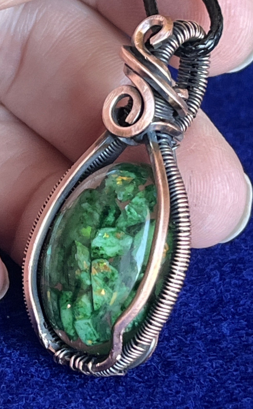 Green Calcite (in resin)~ Handmade copper wire wrapped pendant 5g
