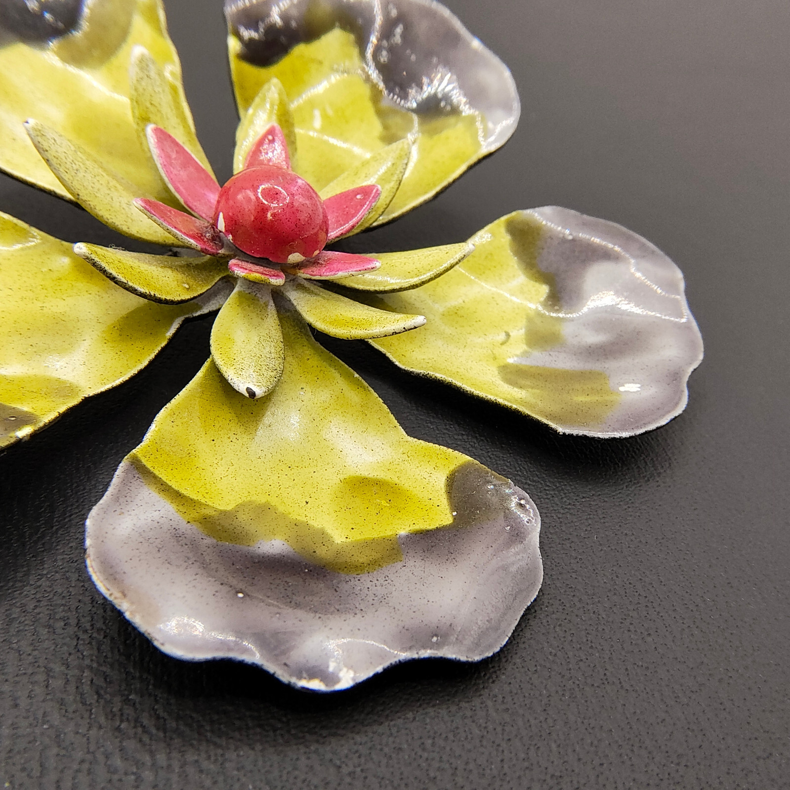 Vintage Hibiscus Flower Brooch Pin Enamel Black Gray Yellow Red 1960s-1970s MCM