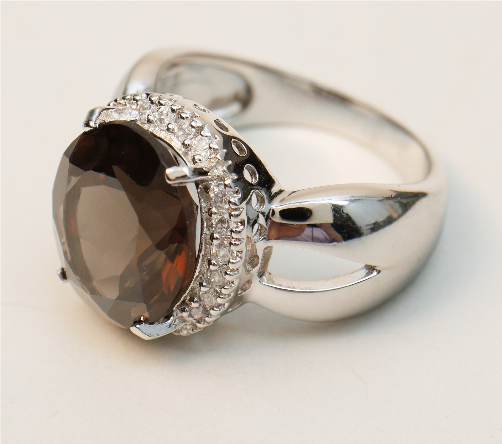 Size 8.75 Brown Smoky Quartz Cocktail CZ Halo Sterling Silver Ring