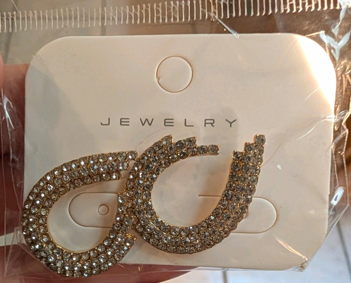 Gold Tone Pavé Clear Simulated Crystal Rhinestone Huggie Hoop Earrings