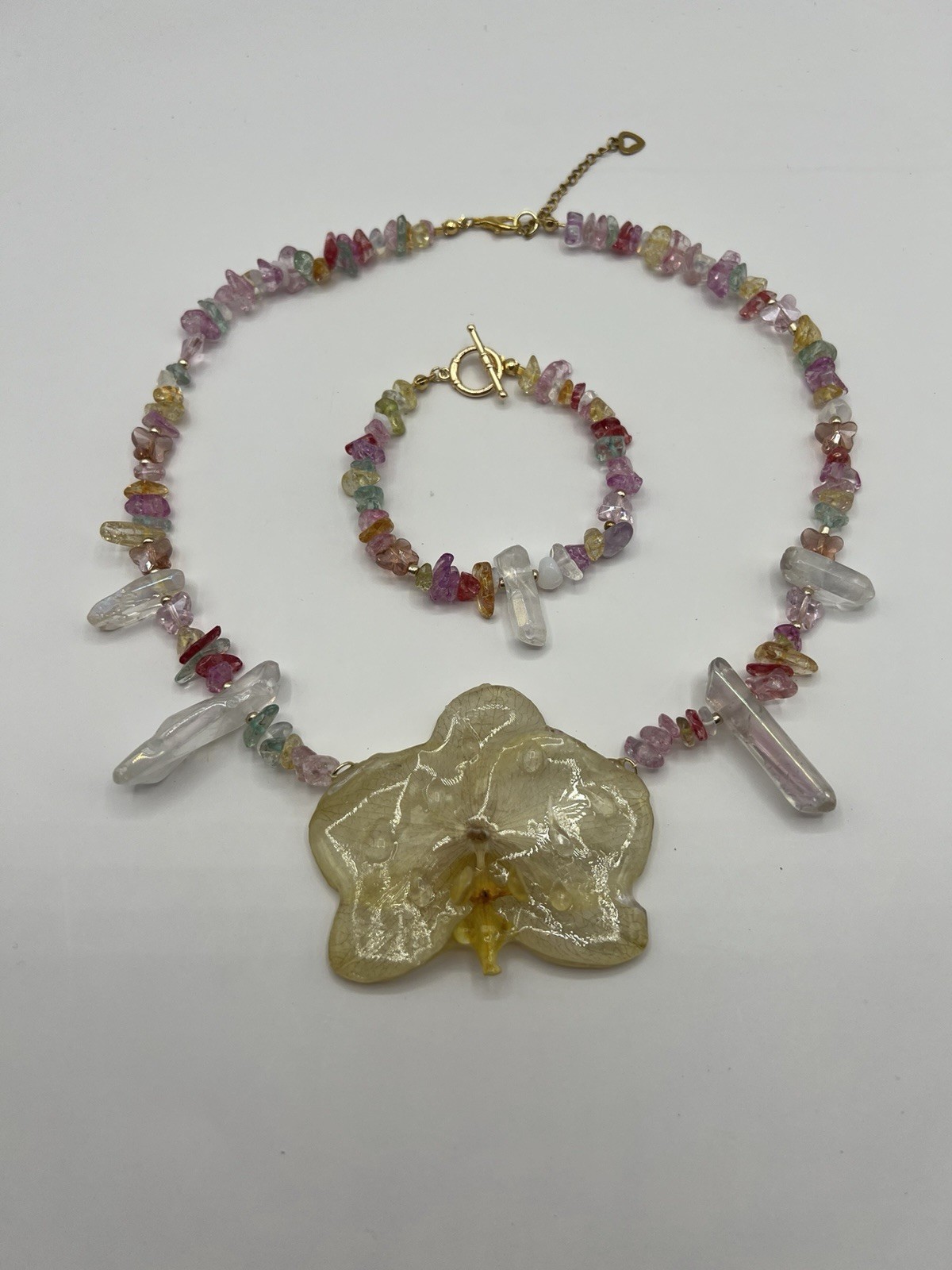 Jewelry Set Necklace & Bracelet Multicolor Beaded Yellow Real Orchid Pendant