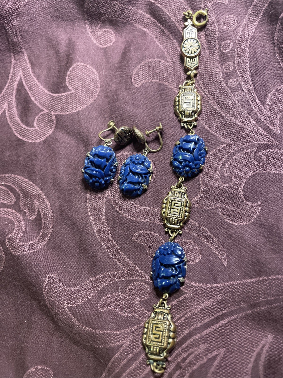 Antique Art Deco Blue Molded Glass Bracelet Screw Earrings Egypt Gold Tone Set