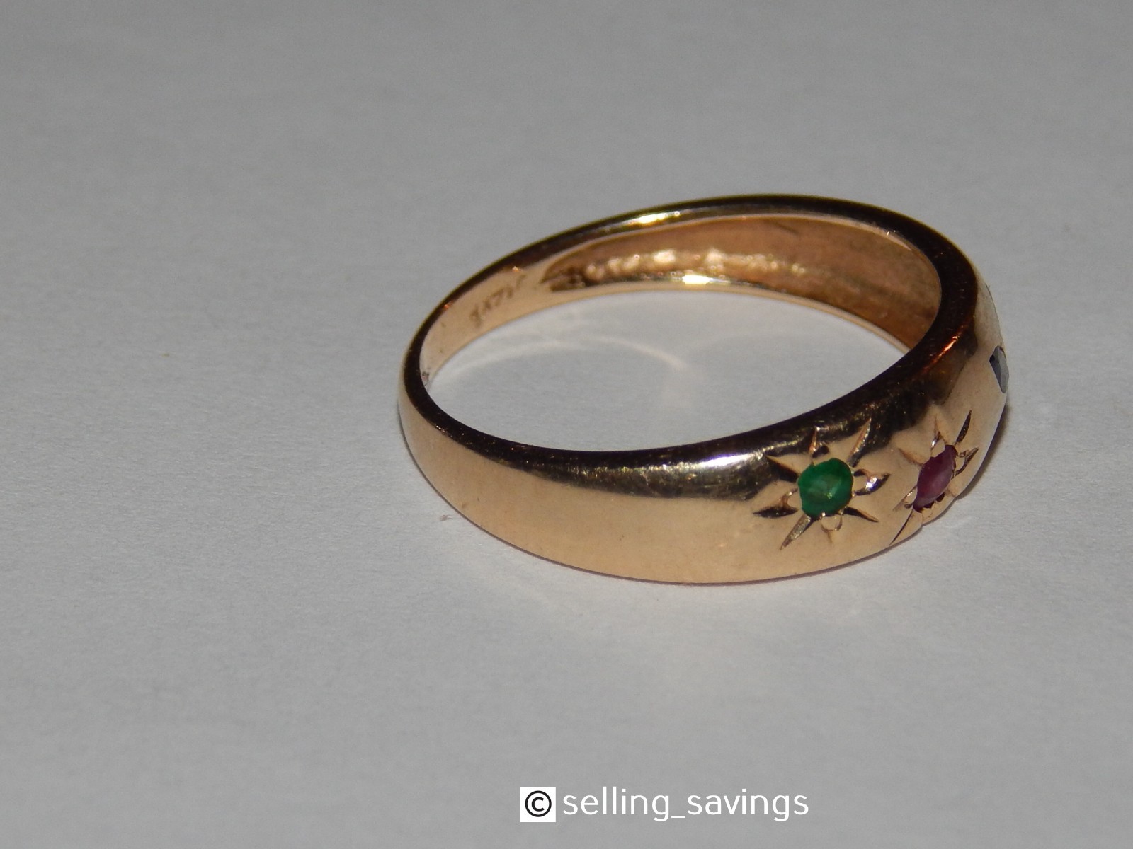 14K YELLOW GOLD RUBY EMERALD SAPPHIRE DIAMOND GYPSY SET 1/4 INCH WIDE BAND RING