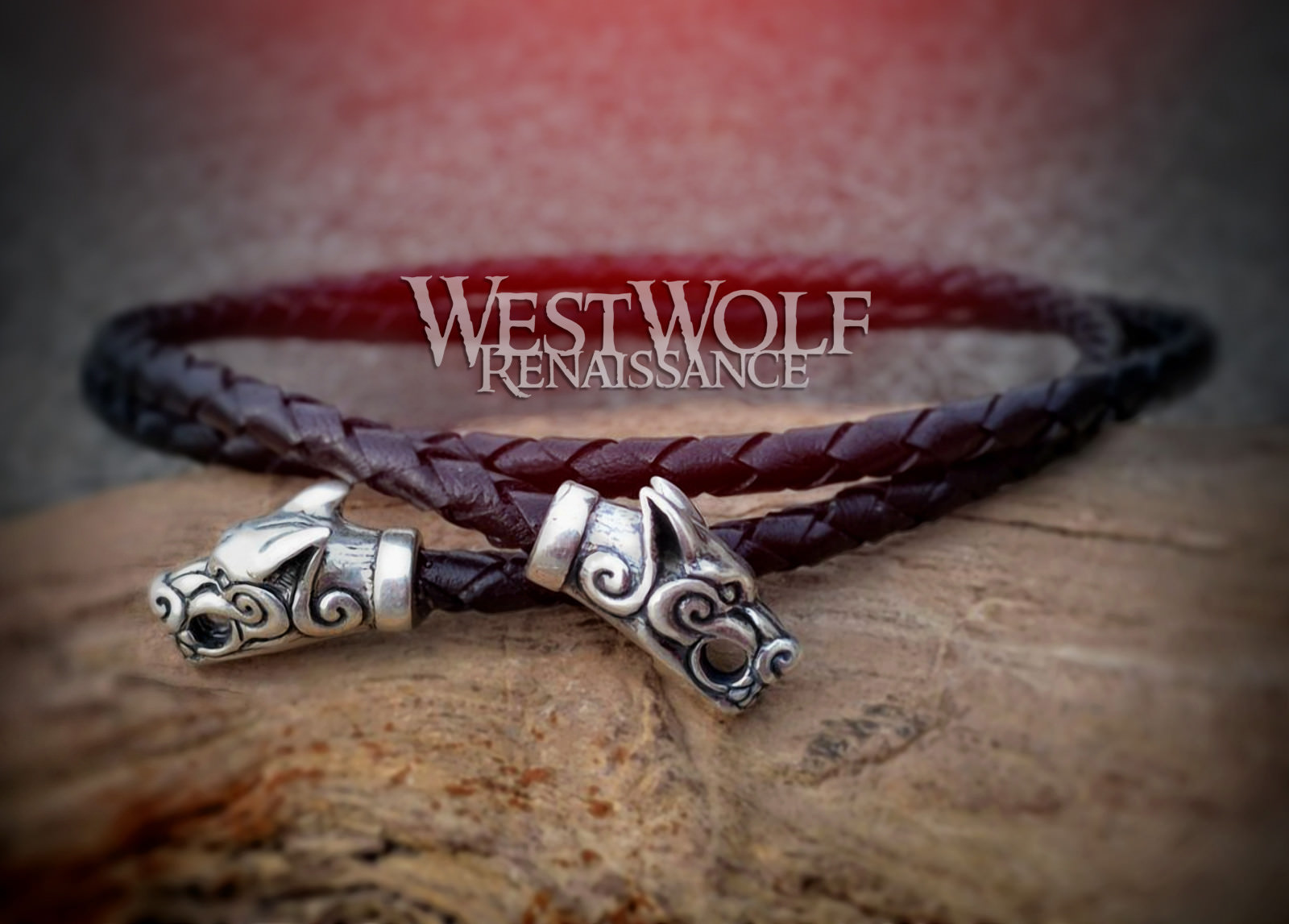 Braided Black Leather Bolo with Wolf Head Terminals – Necklace/Cord/Rope/Pendant