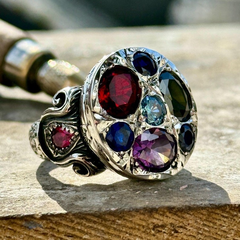 925 Silver Artisan Crafted Multi Stone Engraved Statement Ring