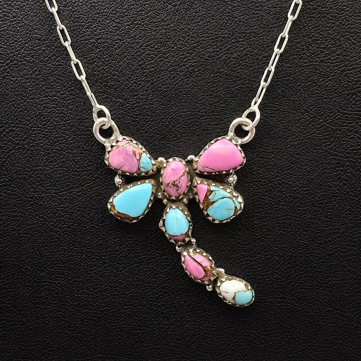 Cotton Candy Turquoise Dragonfly Sterling Silver Necklace 17-19in Southwestern