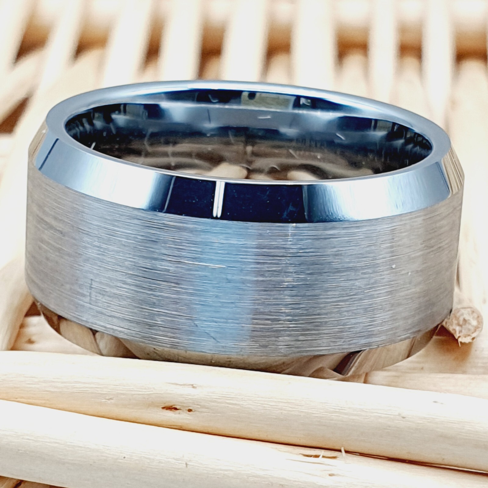Flat Beveled Edges Tungsten Ring with Brushed Center Hip Hop Engagement Ring Men