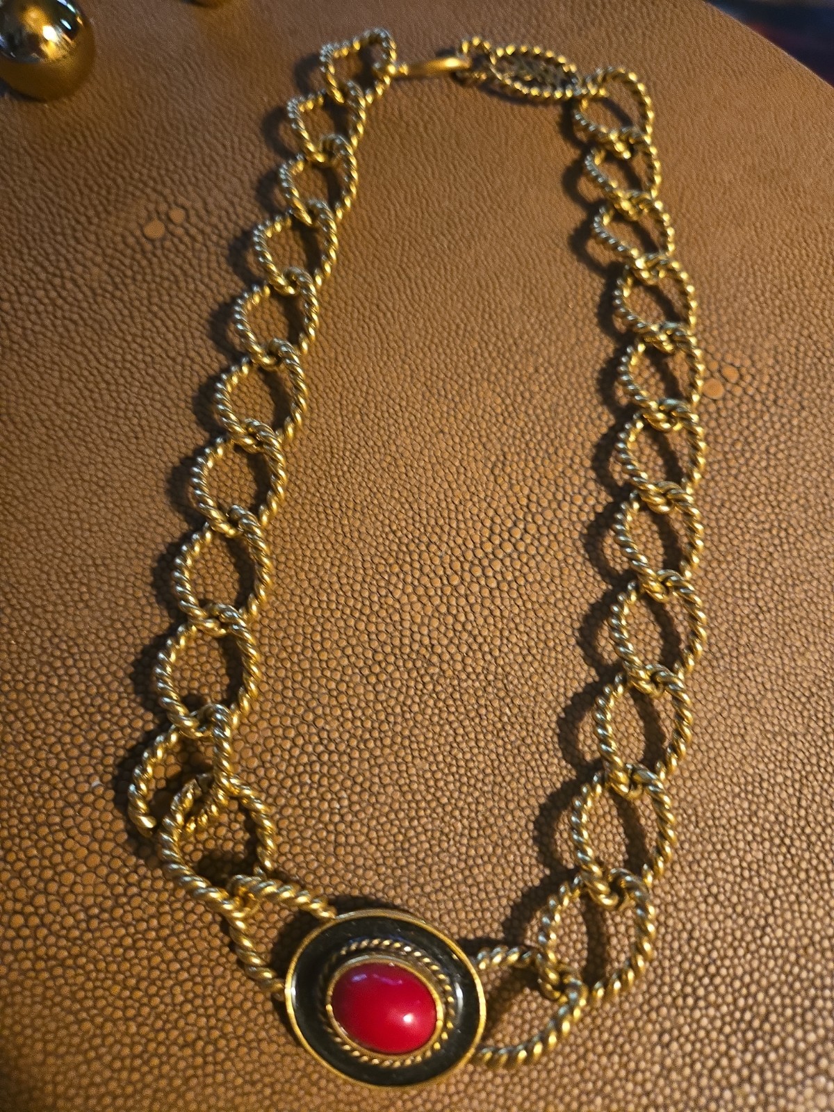 Vintage YSL Yves Saint Laurent Gold Tone Rope Link Red Cabochon Statement…
