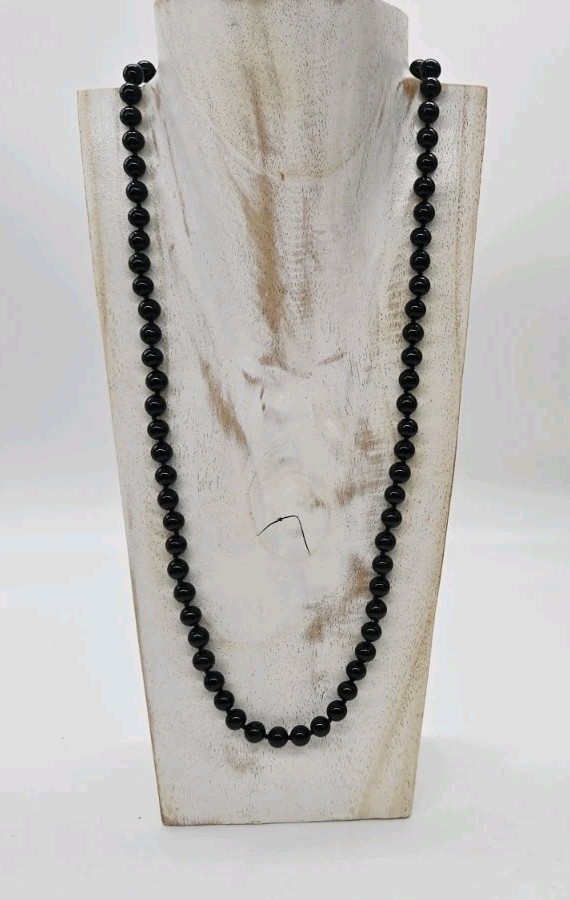 Black Glass Beaded Necklace Hand-Knotted MJ Signed Clasp Gold tone 26 in