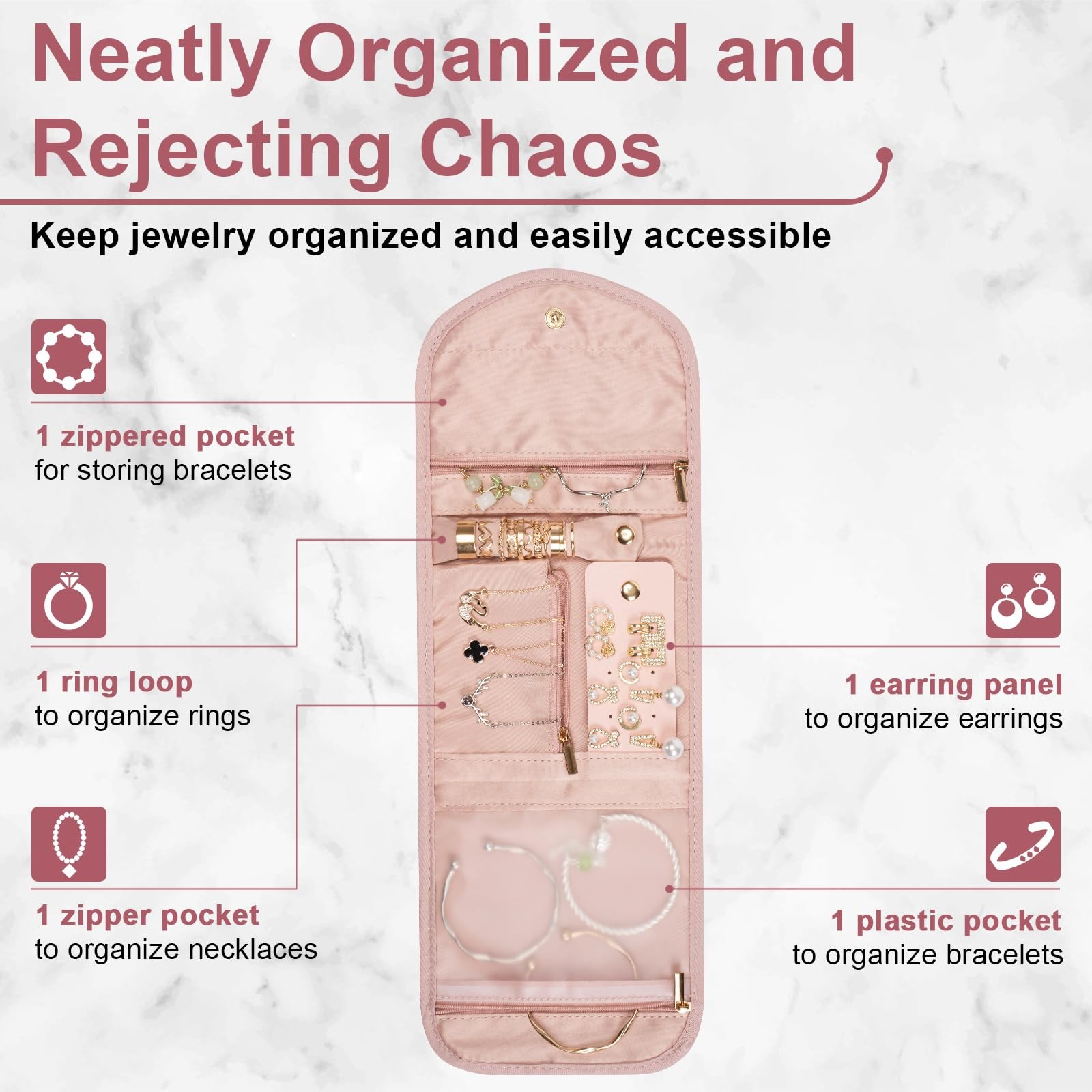 Amrules Travel Jewelry Roll Organizer Bag Foldable and Anti-Lost Small, Pink