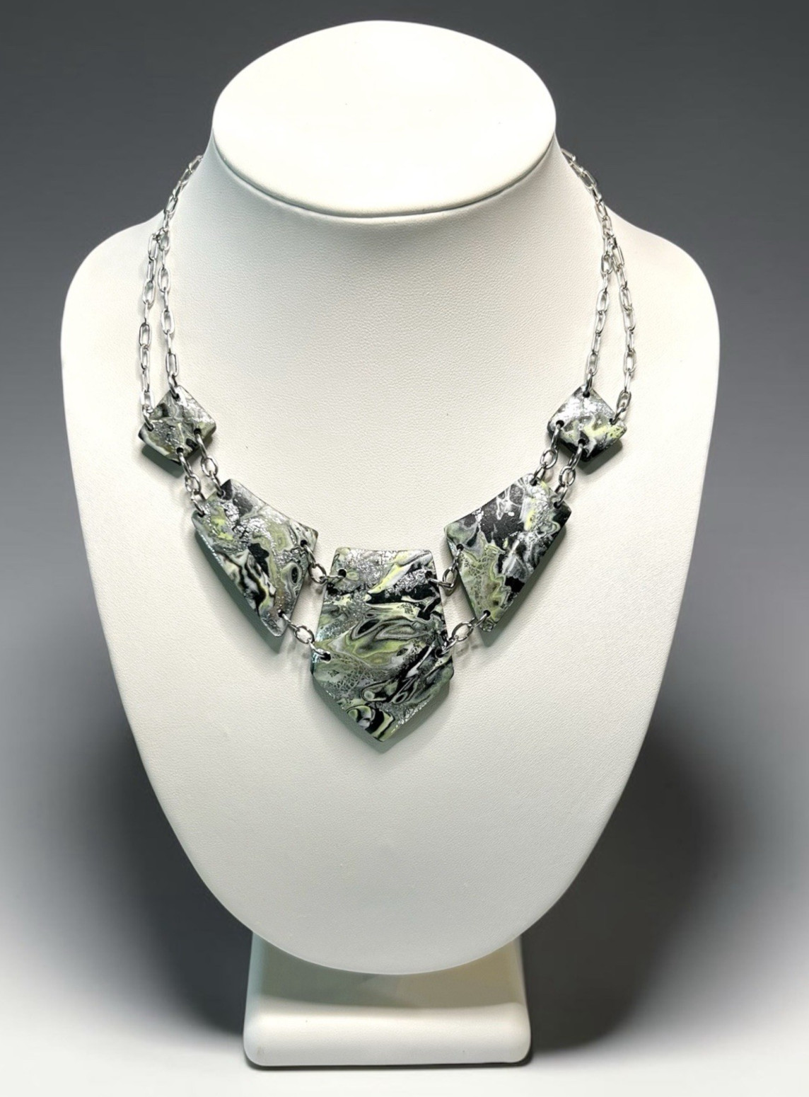 Green Black Silver Choker Style Handmade Polymer Clay Large Necklace SS Chain