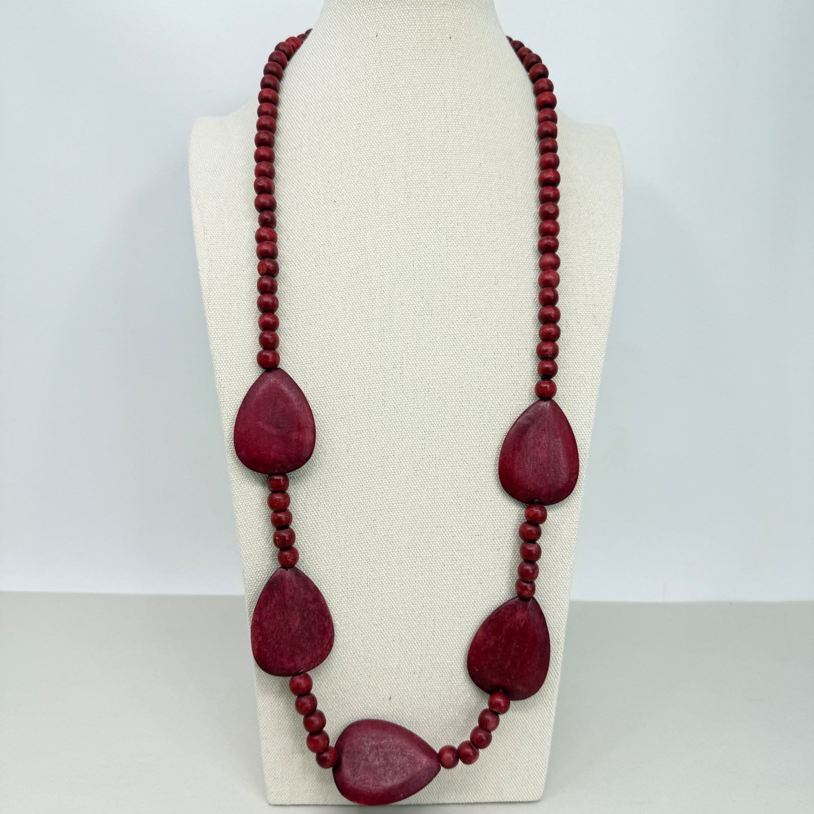 Wood Bead Long Necklace Teardrop Statement Boho Artsy Maroon Burgundy Red