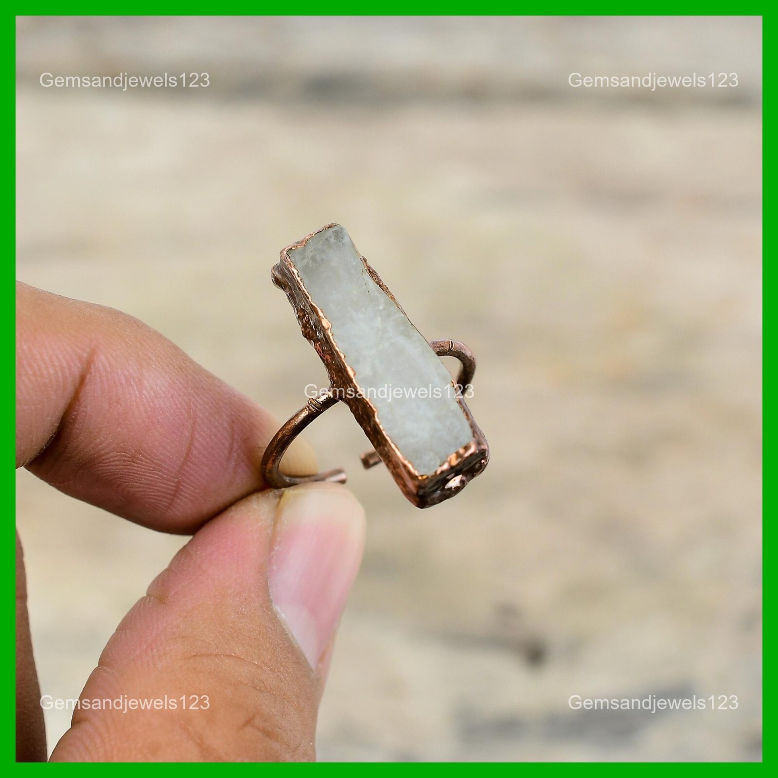 Radiant Rainbow Moonstone Rough Stone Copper Stackable Unique Electroformed Ring