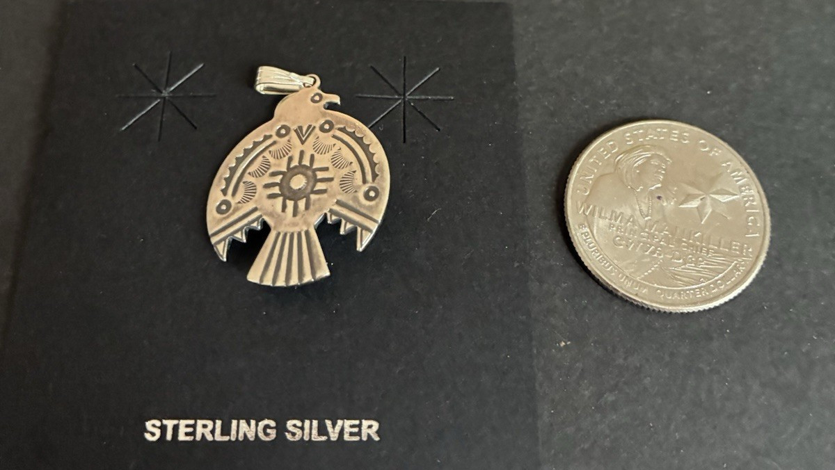 Navajo Sterling Silver Turquoise Stamped Thunderbird Pendant