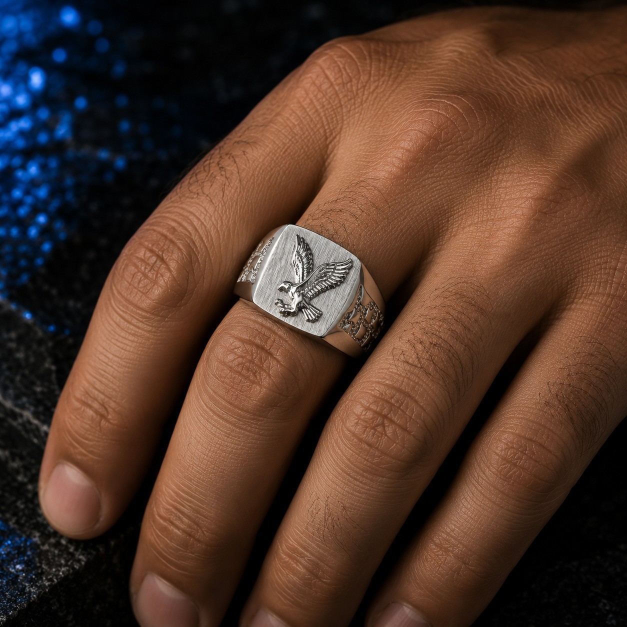 Sterling Silver American Eagle Brushed Signet Ring Men Nugget Band Patriotic USA