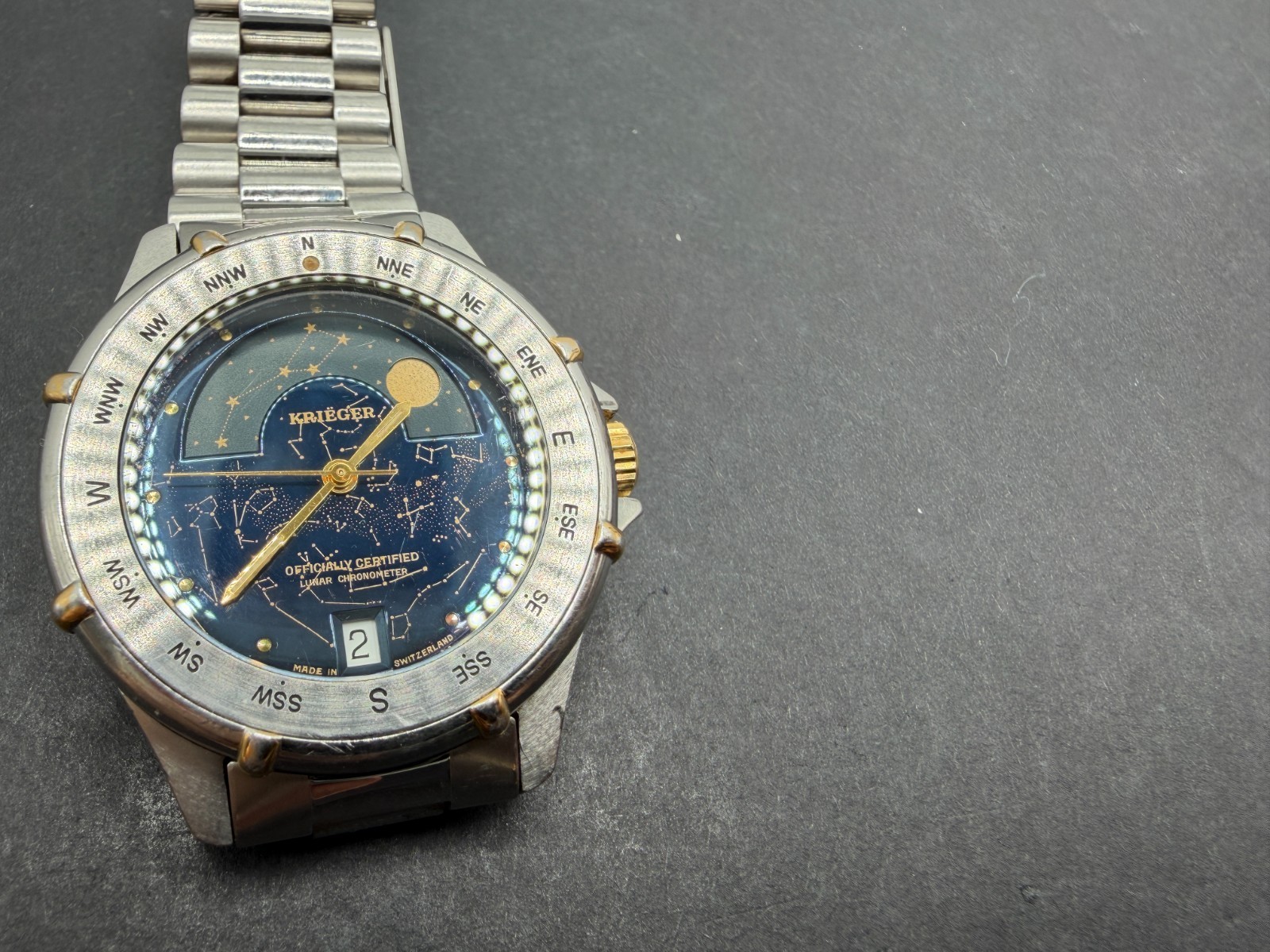 Krieger Lunar Chronometer Watch Men 35mm Blue Dial Steel Date