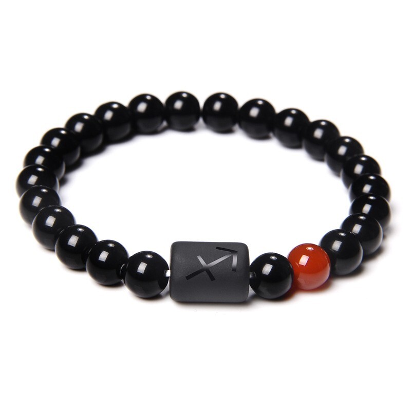 Zodiac Sign Natural Black Stone Beaded Elastic Stylish Bracelet Astrological