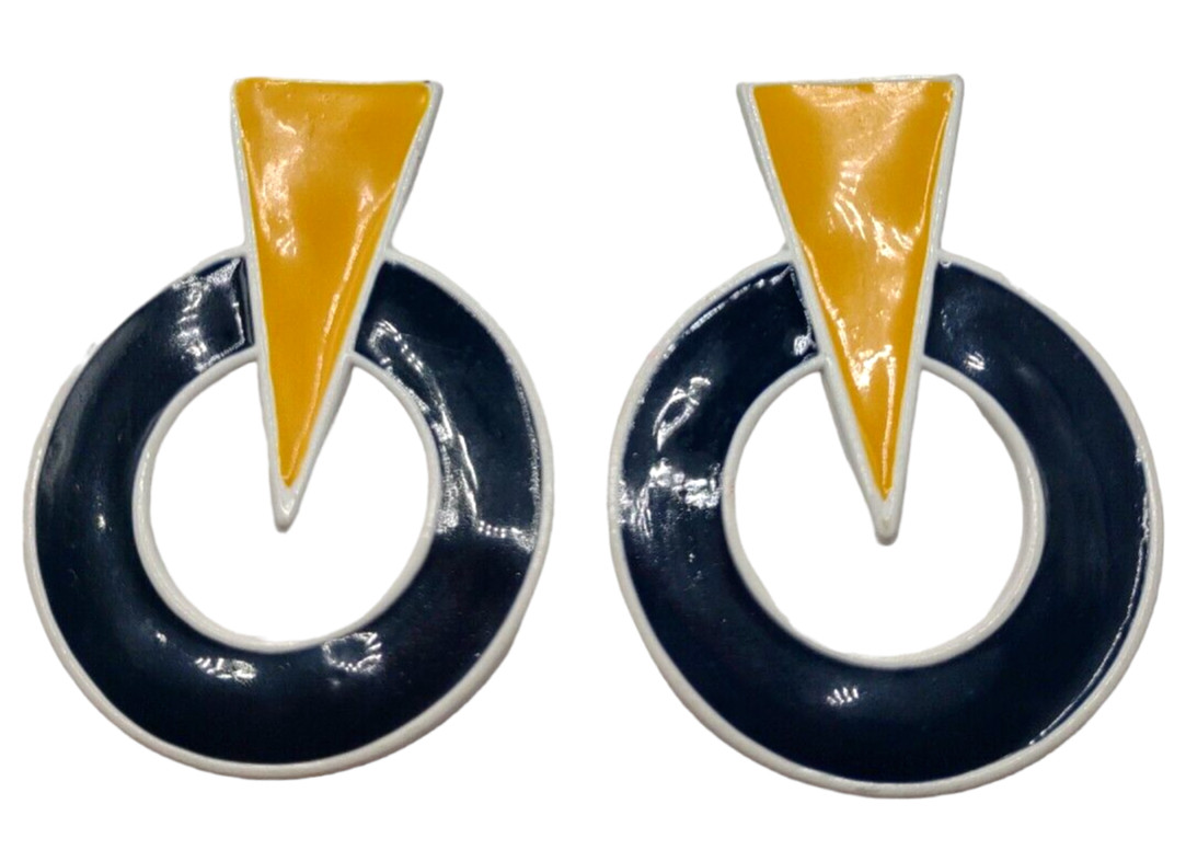 1980s Vintage Blue Yellow Abstract Enamel Metal Post Earrings Halloween Costume