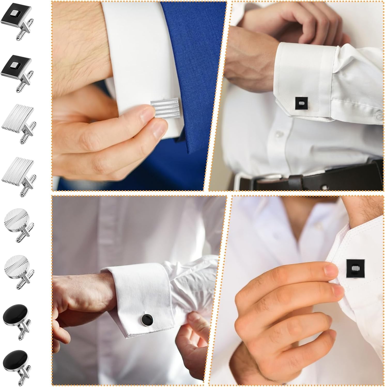 8 Pcs Men’s Classic Cufflinks Cuff Links for Men Silver Black Striped Disc Squar