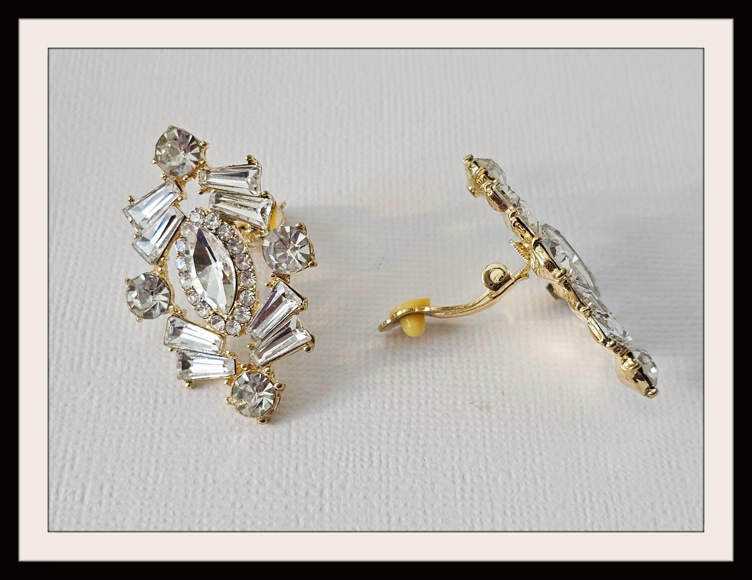 Vintage Inspired Large Clear Crystal CLIP Earrings Gold Plated Special Occasion