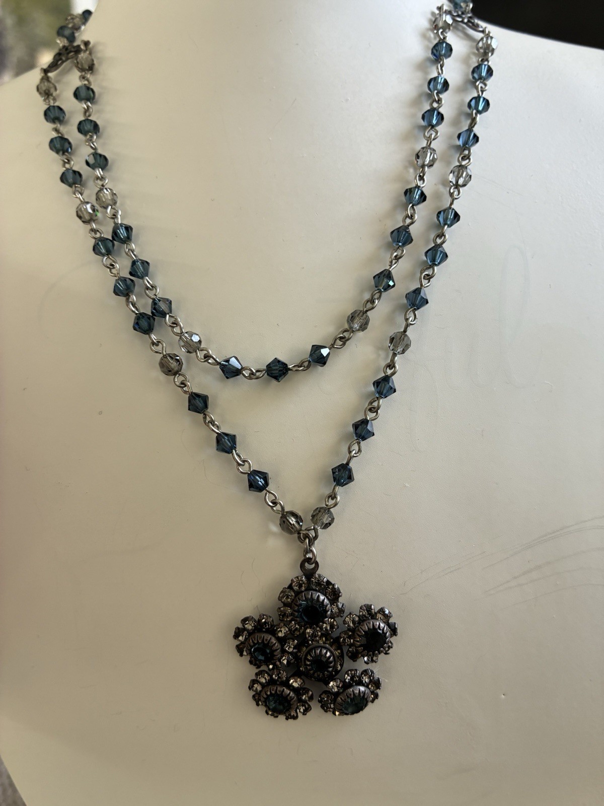 LIZ PALACIOS SF DOUBLE STRAND CRYSTAL NECKLACE BLUE GREY 16”