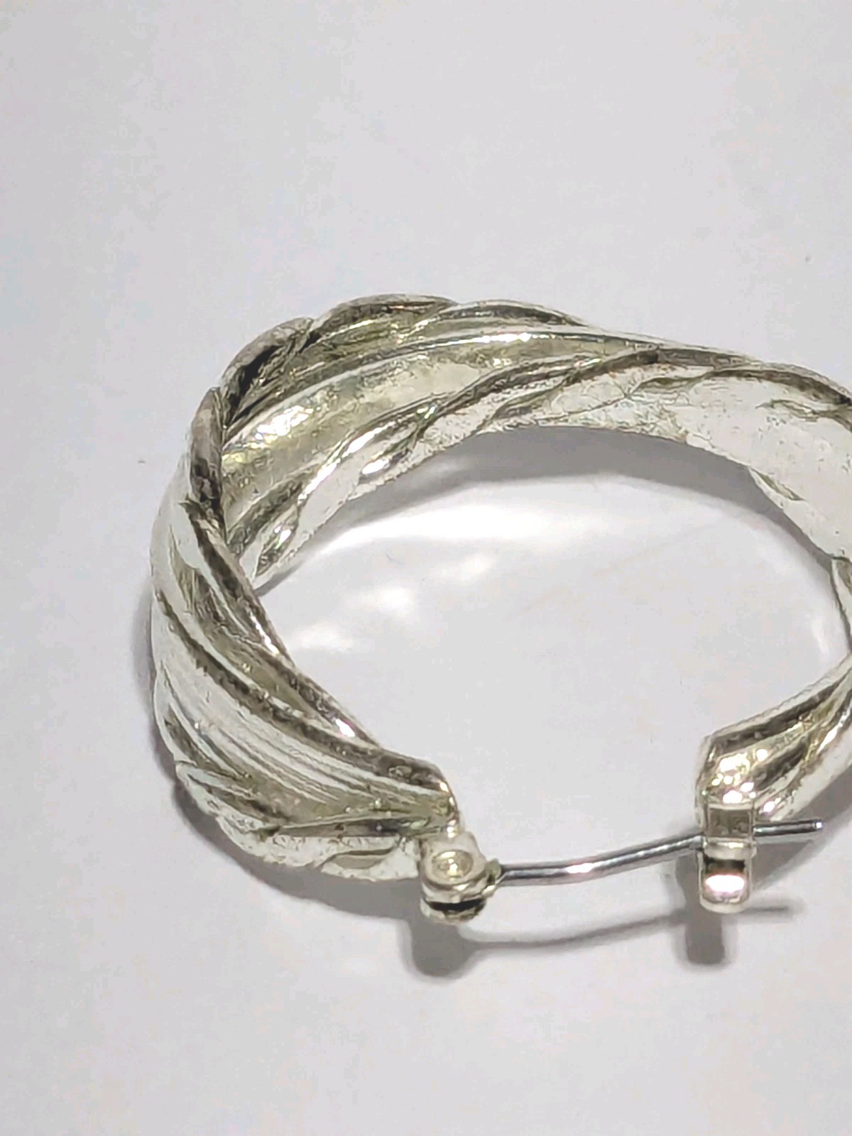 Silver Tone Twisted Textured Hoop Push Lock Dangle Earrings 1″.