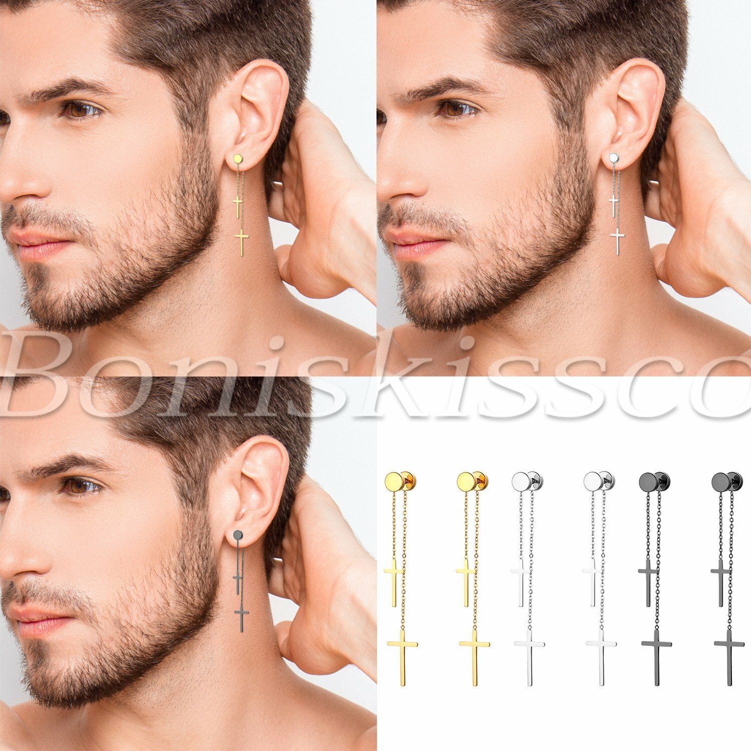 Men’s Women’s Unisex Slim Cross Drop Dangle Earrings Dumbbell Barbell Ear Studs