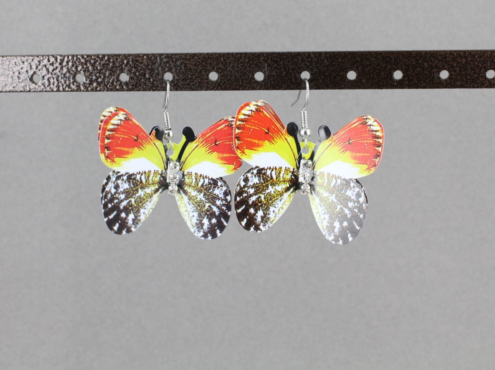Red Yellow Black butterfly earrings 3D dangle 1 5/8″ long Very lightweight wings