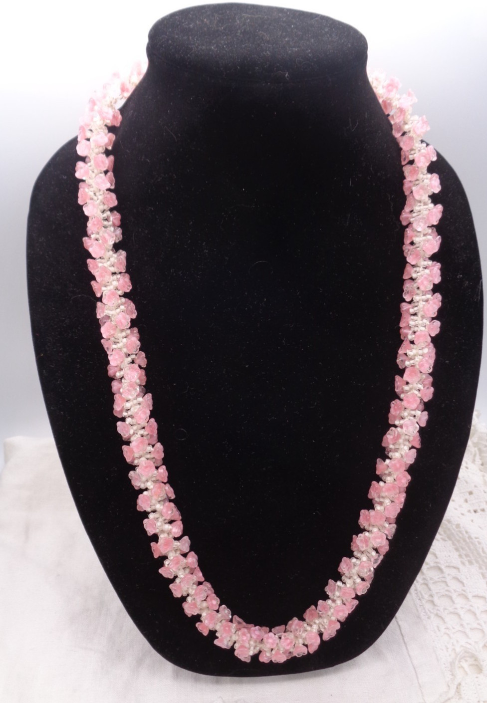 Vintage WESTERN GERMANY Pink MOLDED GLASS Flower Bead NECKLACE