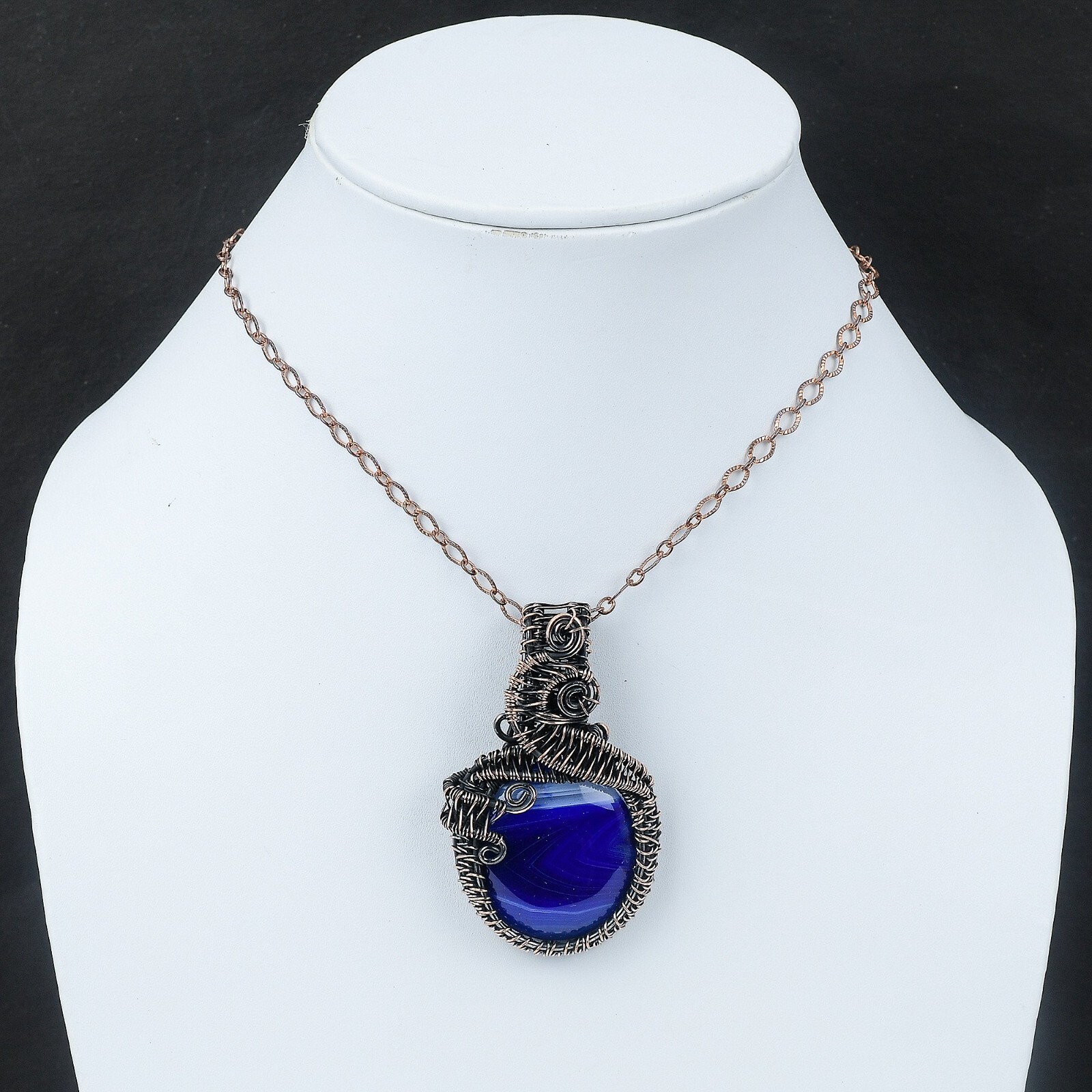 Gift For Her Copper Blue Botswana Agate Jewelry Wire Wrapped Pendant 2.56″