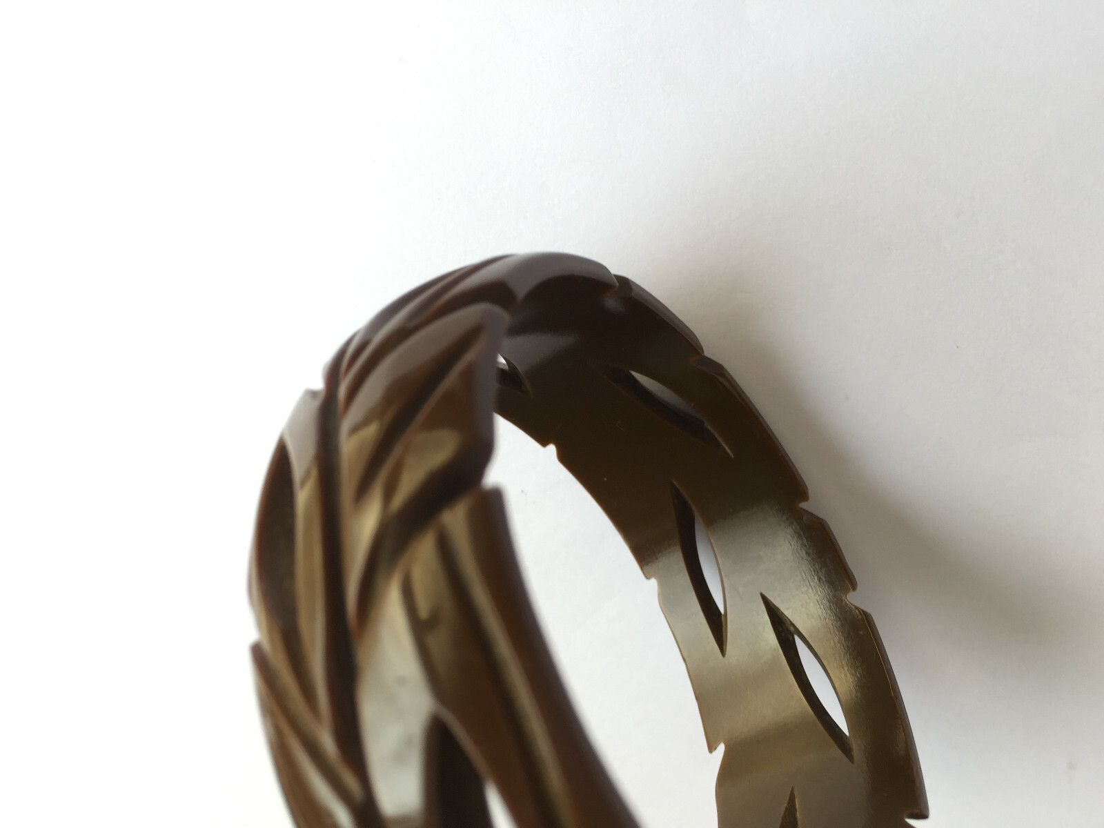 Vintage Bakelite 2.56” Carved leaves Bakelite bangle in dark brown color 1”