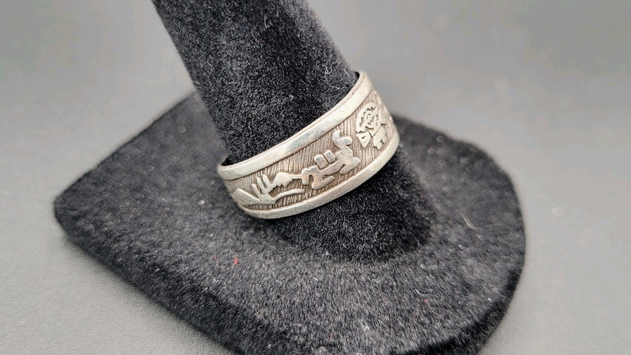 Vintage Sterling Silver Peruvian Inca Storytelling Picture Adjustable Ring Sz. 8