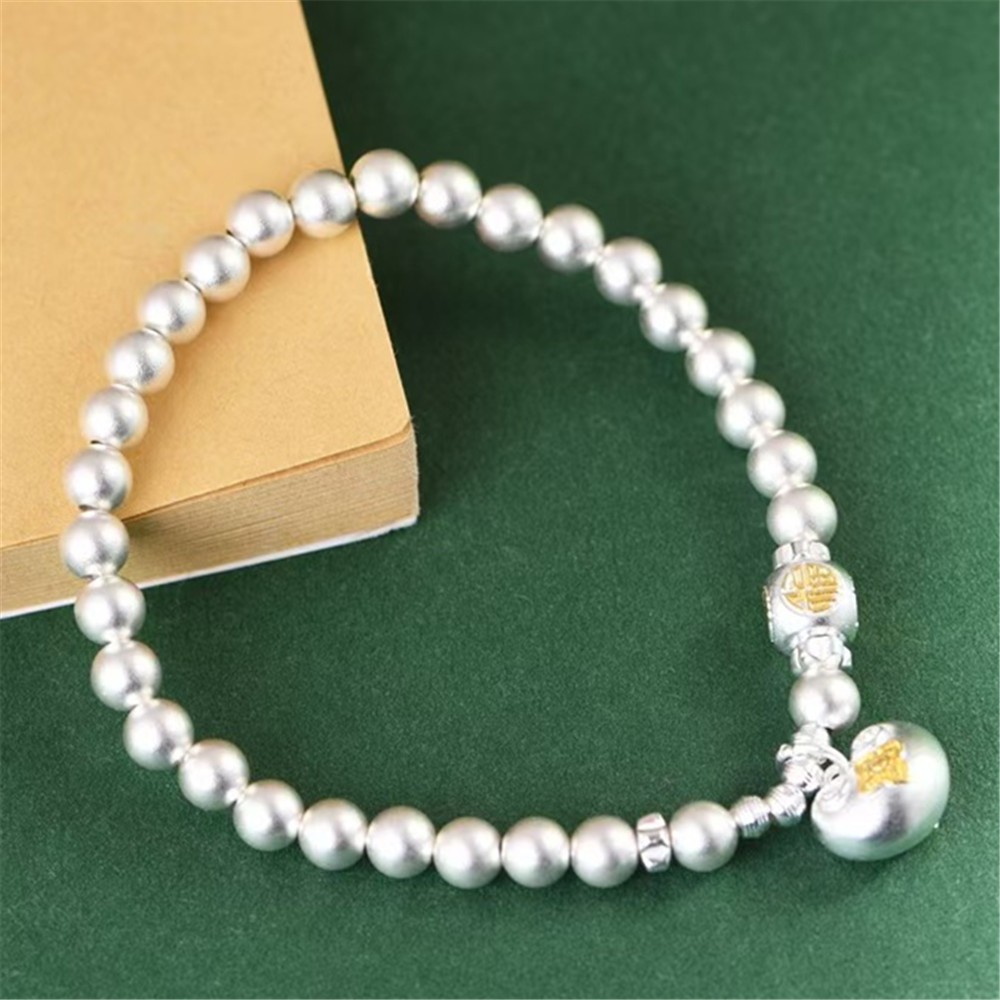 Solid 999 Fine Silver 5mm Matte Bead Bracelet With Fortune Yuanbao Charm 13-14g
