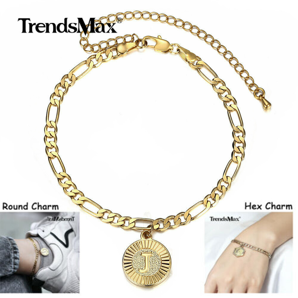 Gold Plated Initial Anklet Bracelet Stainless Steel Hex/Round A-Z Figaro Chain