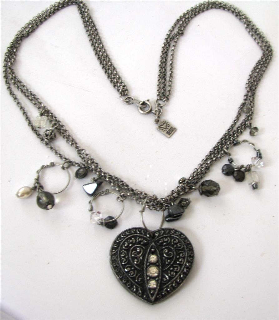 Vtg Silver 3 Chain Station Pendant Necklace Black Czech glass Heart signed 18″