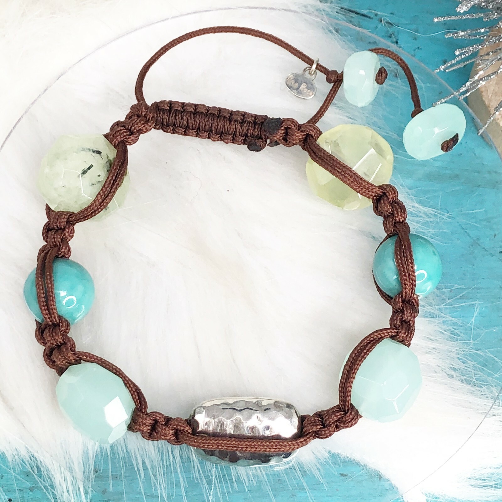 Sterling Silver Tica Rose Green Quartz Aventurine Macrame Knot Bracelet
