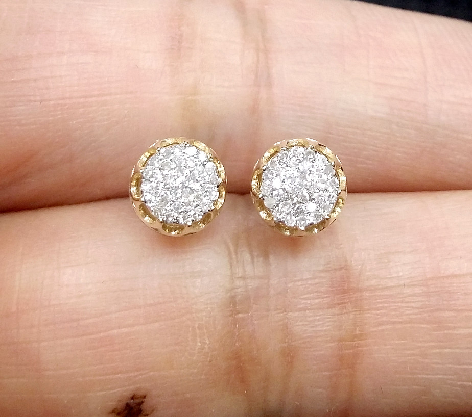 DEAL! 10K Yellow Gold Real Diamond Studs 6.40mm Men’s 3D Pave Earrings 0.15 CTW