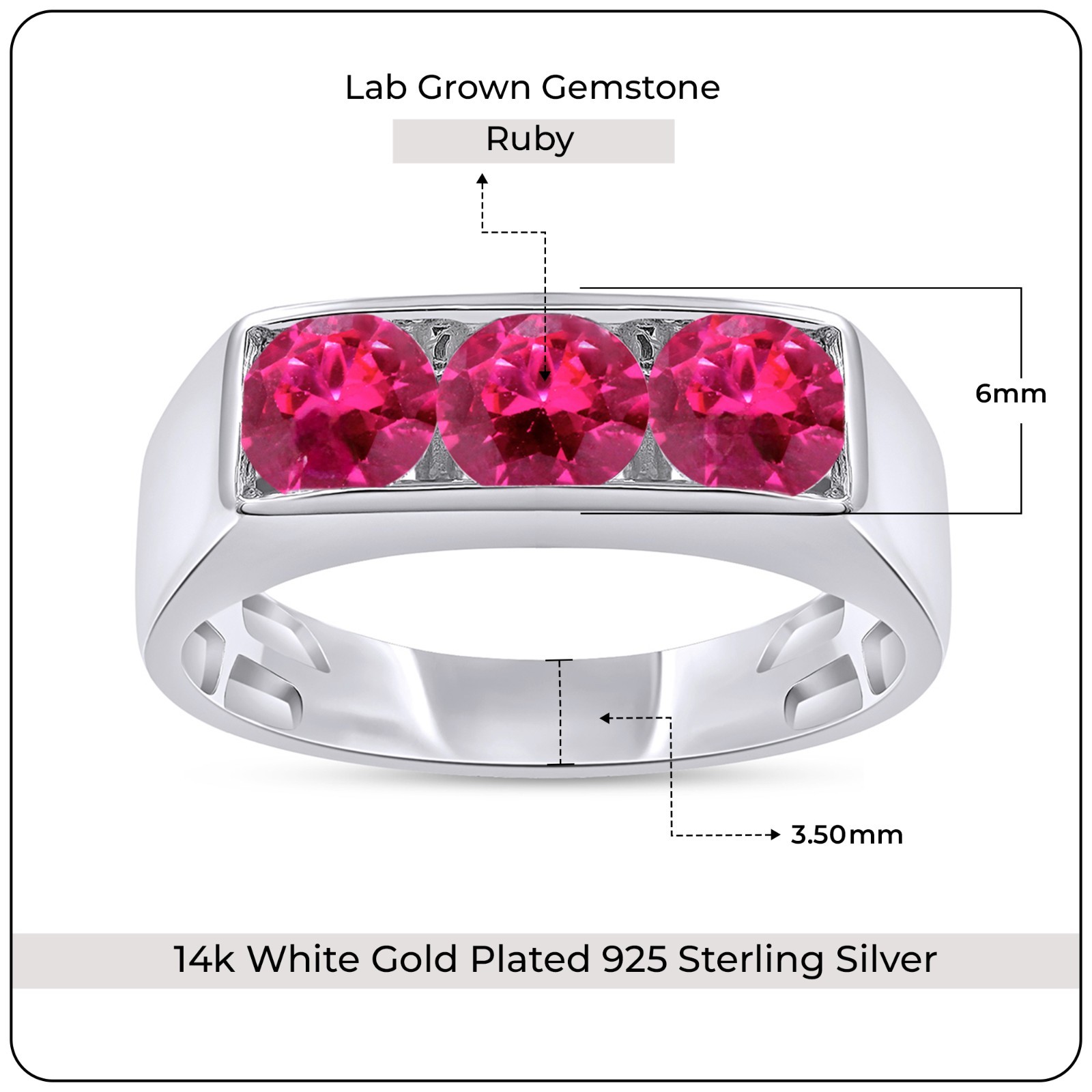 1Ct Mens 3 Stone Band Ring Ruby Lab Grown Gemstone 10k or 14k Gold or 925 Silver