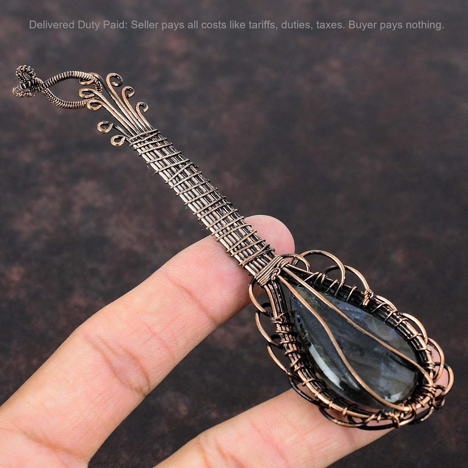 Black Friday Sale Natural Labradorite Copper Wire Wrapped Guitar Pendant Jewelry