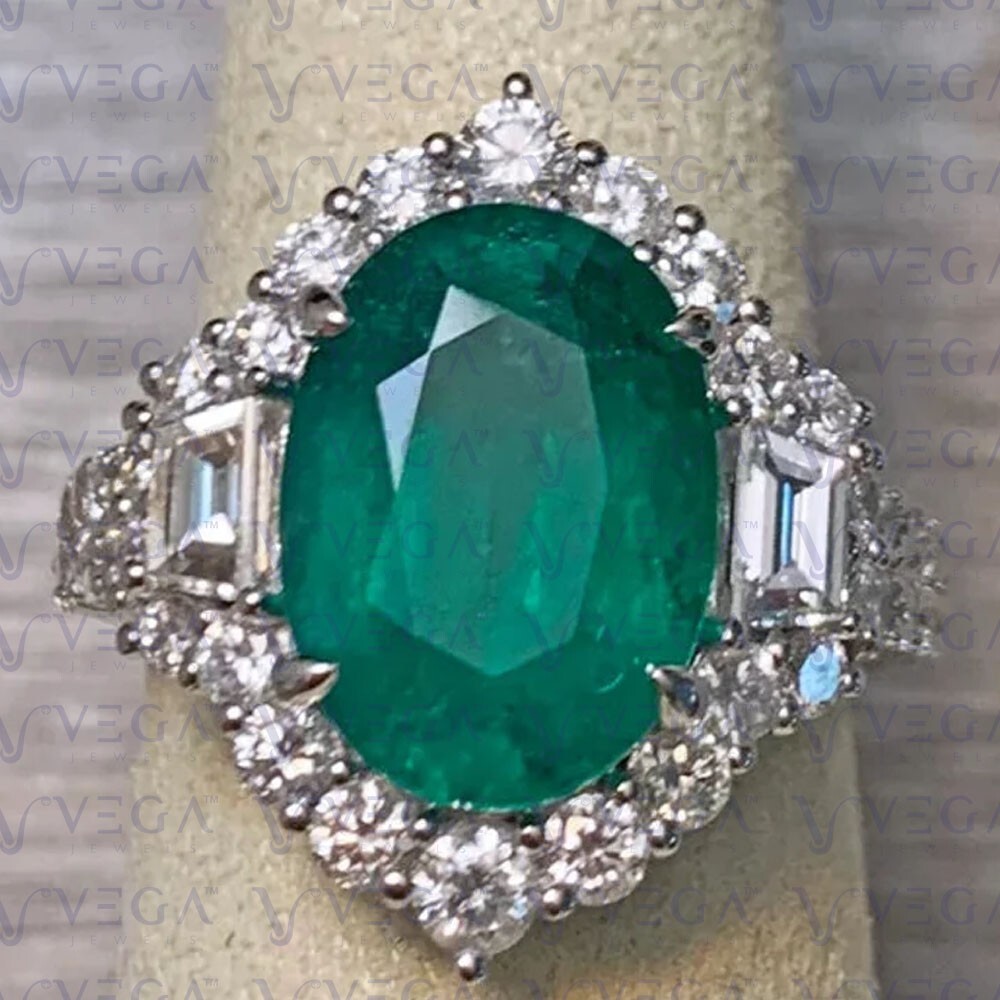 7.90ct Oval Cut Natural Emerald & Diamond Engagement Ring 18K White Gold Plated