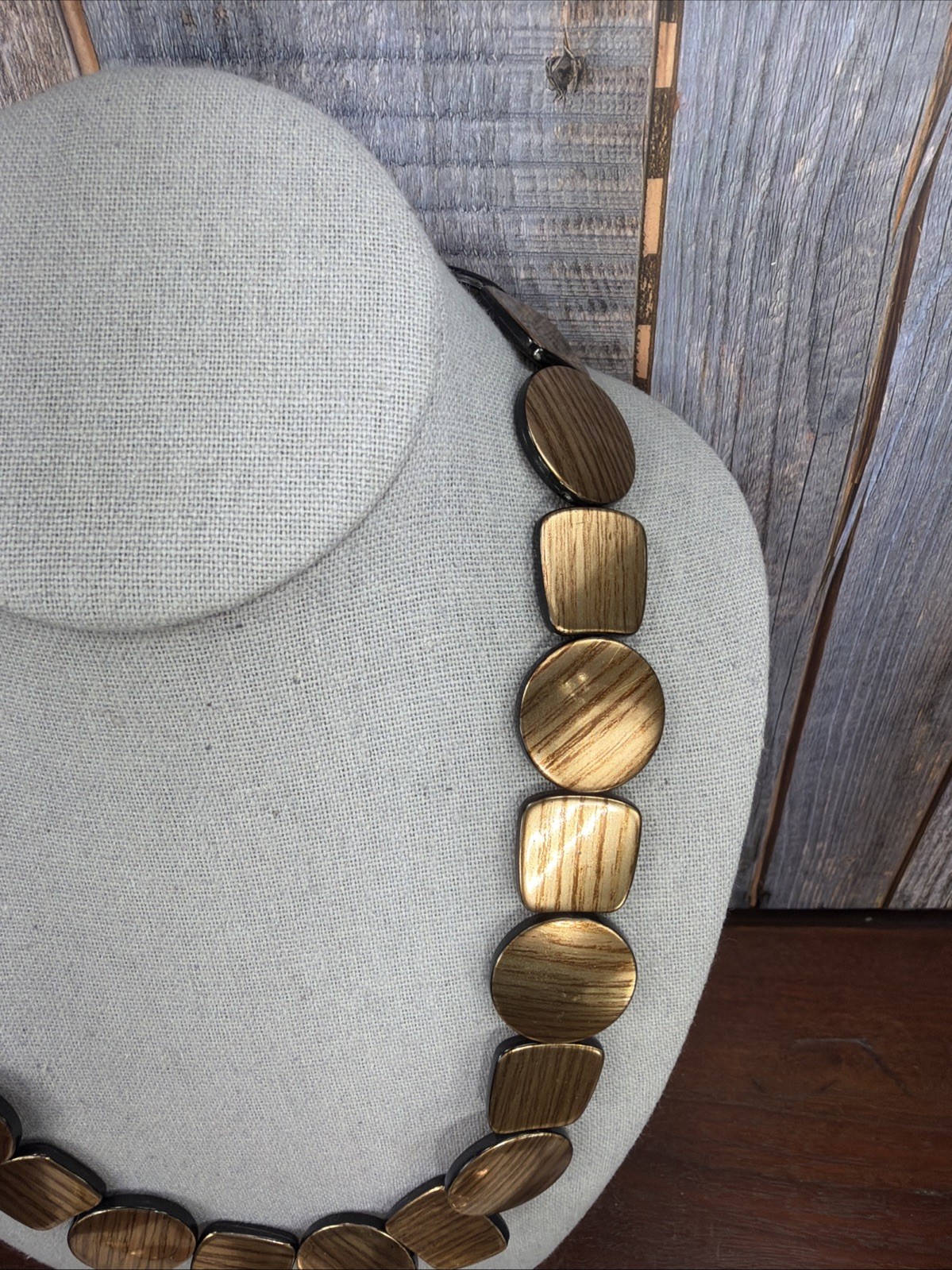 Vintage disc copper plastic wood grain bracelet, necklace & Earrings
