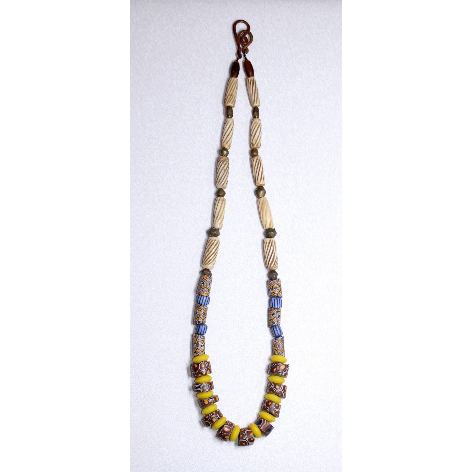 handcrafted Nigerian Trade Bead Necklace 26″ blue yellow brown glass copper