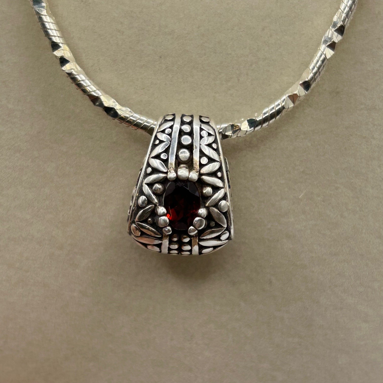 Ornate 925 Sterling Silver Scrolled Long Necklace 30″ w/ Pendant Red Stone 32g