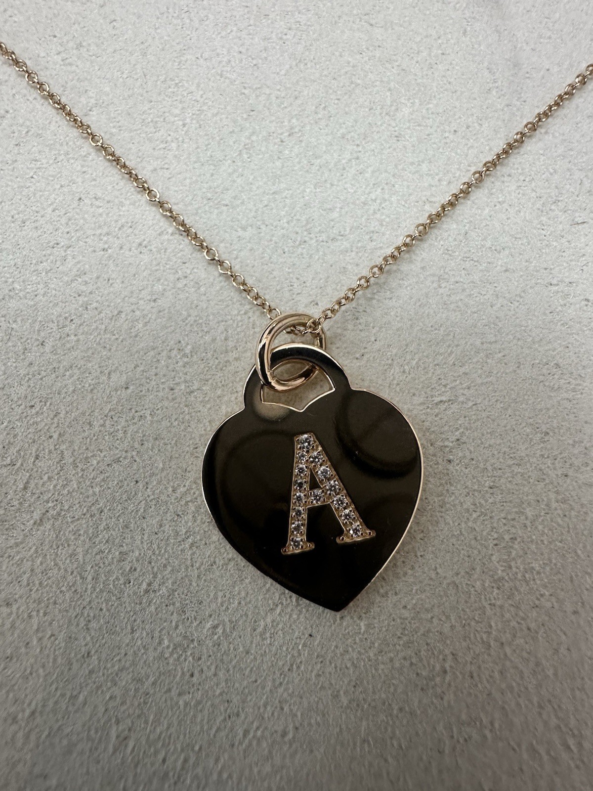 Tiffany & Co 18K Rose Gold Heart Tag Pendant Necklace w/ Alphabet Letter A