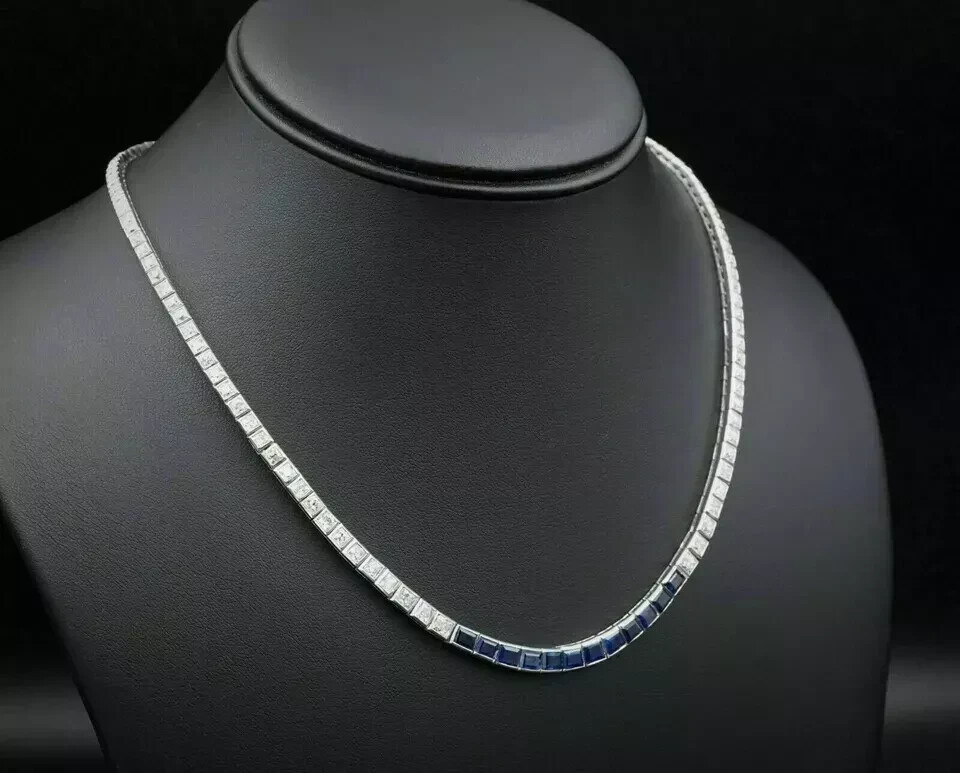 10CT Princess Cut Blue Sapphire Lab Crated Tennis Necklace 14K White Gold Plated