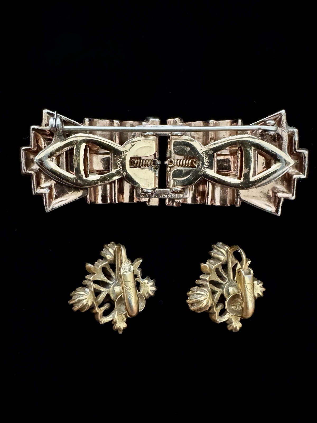 CORO Duette RUBY Red Rhinestone Brooch + Coro Floral Clip Earrings | Vintage Set