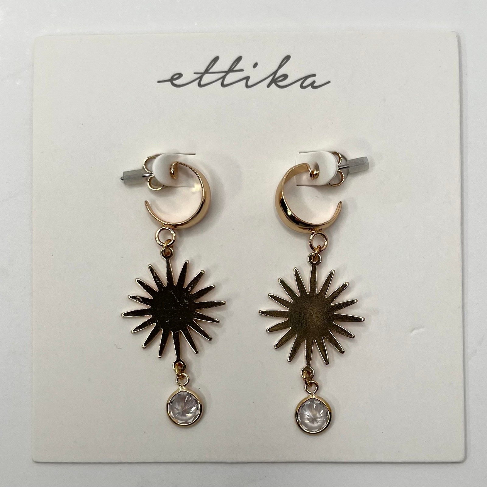 Ettika Gold Sunburst Dangle Earrings Crystal Drop Celestial Boho NWT GTE1834