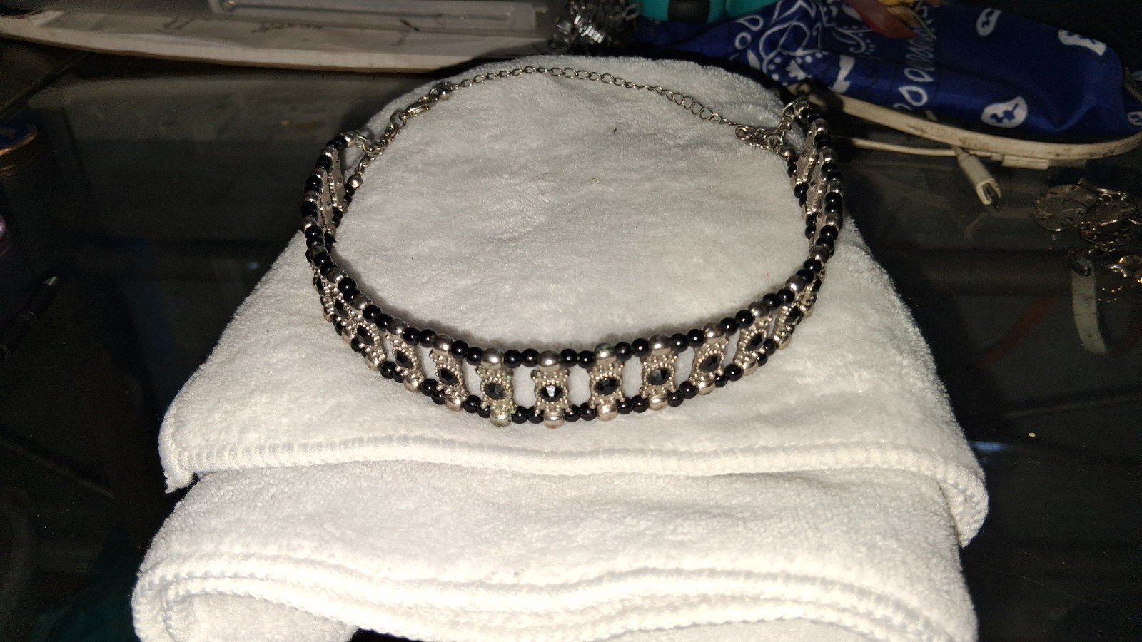 Vtg Gothic Black Beaded Panel Choker Necklace Silver Tone Victorian Rhinestone