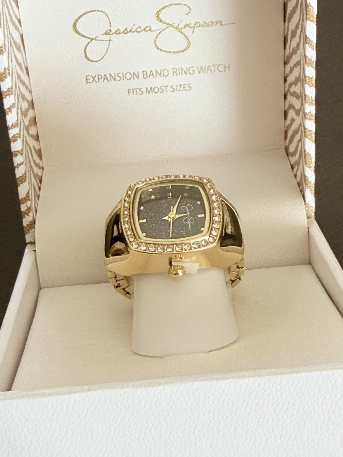 Jessica Simpson Gold Tone Stretch Fit Glitter Ring Watch Square Frame One Size
