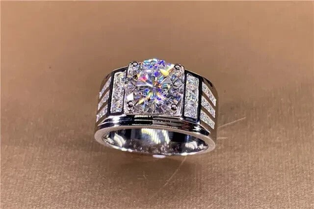 3Ct Round Cut Real Moissanite Men’s Halo Engagement Ring 14K White Gold Plated